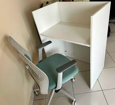 Compact white study cubicle/desk with ergonomic office chair
