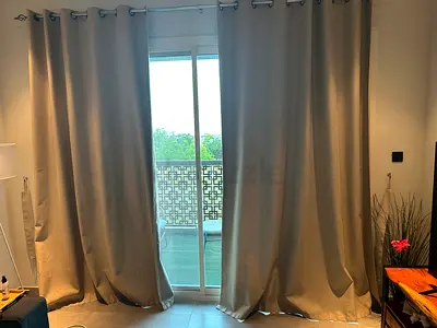 Beige Blackout Eyelet Curtains - Set of 2, width 3M