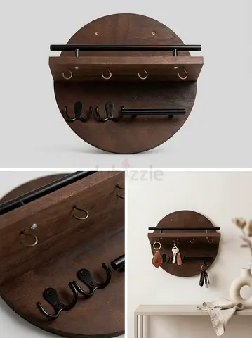 Round Wooden Wall Key  Accessory Organizer with Hooks and Shelf