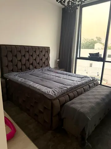 King size upholstered bed with storage bench and 2 nightstands - dark brown
