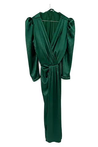 Emerald Green Long Satin Wrap Dress with Puffed Shoulders - Size XL  : price negotiable
