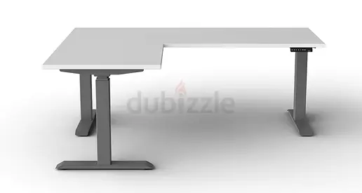 L-shaped Electric Height-Adjustable Office Desk - White Top, Grey Frame