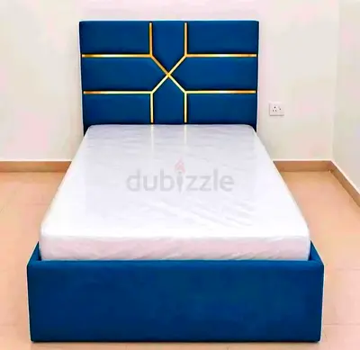 Modern Single Bed with Blue Velvet Upholstered Headboard