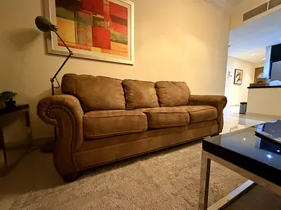 3 Seater Sofa - Brown Suede Fabric with Nailhead Trim - Great Condition