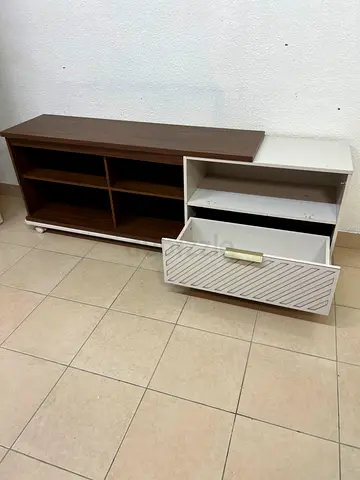 Wooden TV Unit / Media Console with White Drawer - Good Condition