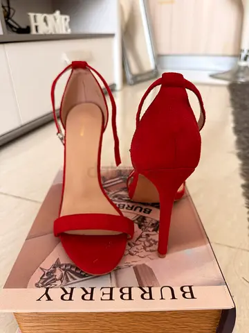 Red Suede Ankle Strap Heeled Sandals