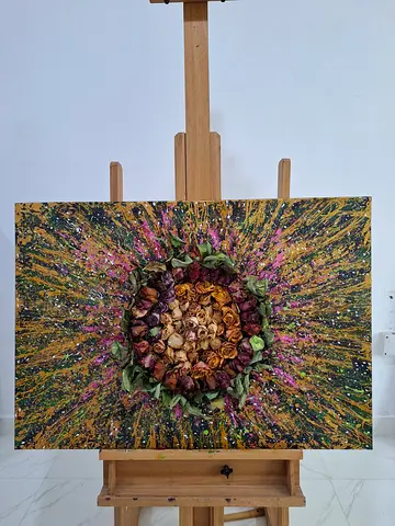 Mixed-media floral sunburst artwork on canvas with dried flowers