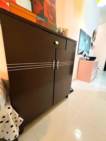 Dark wood 3-door wardrobe with chrome accents - good condition