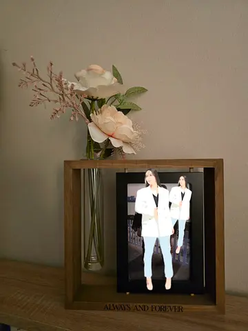 wooden photo frame built-in glass vase with flowers