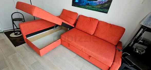 Orange L-shaped Fabric Sofa - Small Corner Couch, Good Condition
