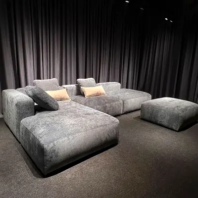 Large Modular Grey Velvet Sofa with Ottoman - Modern Low Back Design