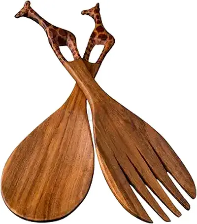 Hand-carved Ebony Wooden Salad Servers (Fork and Spoon) - Set of 2