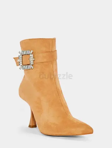 Womens Suede Pointed Toe Ankle Boots with Crystal Buckle