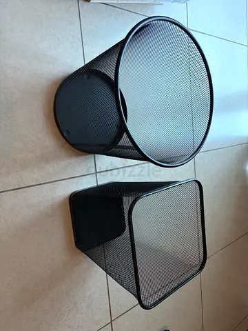 Pair of Black Metal Mesh Wastebaskets - Round and Square