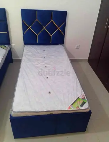 Blue Single Bed with Geometric Headboard and Mattress