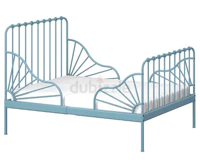 Metal double bed frame with decorative headboard and footboard (blue)