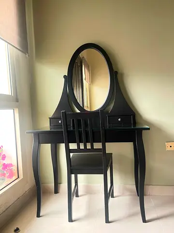 Black dressing table with oval mirror and chair - good condition