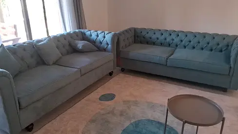 One Pair of 2ight teal tufted Chesterfield sofas - good condition + beautiful bed king size urgent