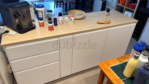 IKEA 200cm White Kitchen Sideboard / Storage Cabinet with Wooden Top