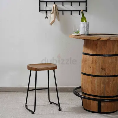 Wooden Bar Stool with Metal Legs - Rustic Industrial Style - Set of 2