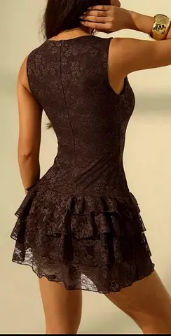 Sleeveless Brown Lace Mini Dress with Tiered Ruffled Skirt