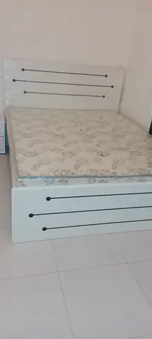 White Wooden Double Bed with Headboard and Mattress - Good Condition