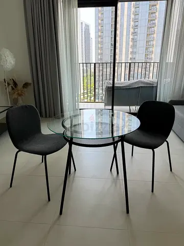 Glass Top Round Dining Table with 2 Grey Upholstered Chairs - Modern Set