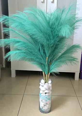 Decorative Mint Green Pampas Grass Arrangement in Glass Vase