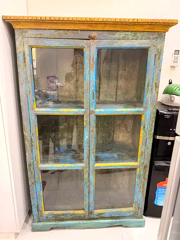 Vintage Reclaimed Wood Glass Display Cabinet - Distressed Blue
