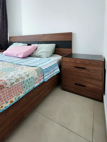 Wooden 180cm Bed with 2 bedside cabinets, 6Drawer Dresser with Mirror, and a mattress-Good Condition