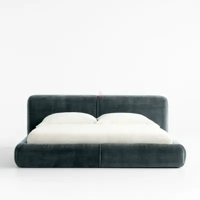 Low-profile upholstered double bed with padded headboard (dark grey)
