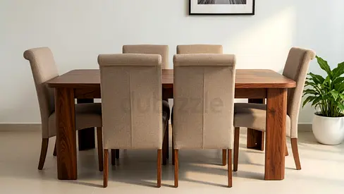 Wooden Dining Table with 6 Beige Upholstered Chairs - Good Condition