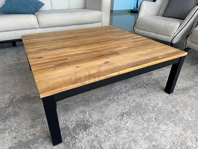 Solid Wood Top Low Coffee Table with Black Metal Legs - Modern Square