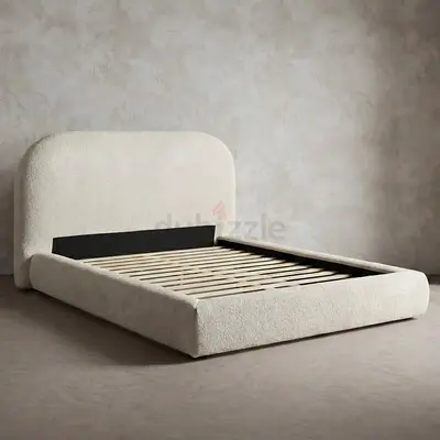 Queen Size Upholstered Platform Bed with Curved Headboard - Cream Bouclé