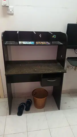 Compact dark wood computer study desk with shelves and drawer