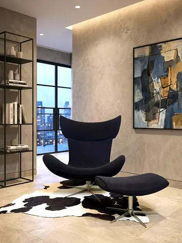 BoConcept Modern Black Lounge Chair with Ottoman and Cowhide Rug