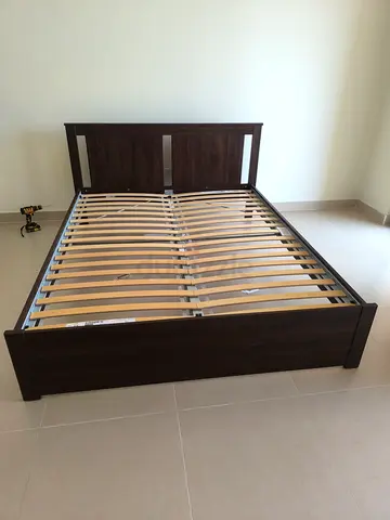 Solid Dark Wood Double Bed Frame with Slatted Base