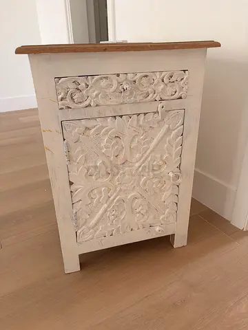 Vintage Carved Wood Nightstand with Distressed Finish