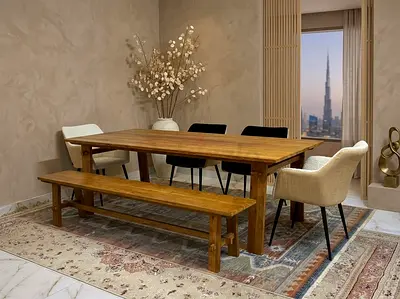 MARINA HOME Solid Wood Dining Table with Bench and 4 Chairs - Rustic Modern Set