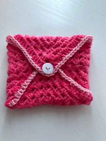 Handmade Crochet Pink Button Pouch — Small Knitted Coin/Card Holder