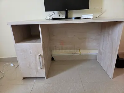 Light wood computer desk with storage cabinet and shelf