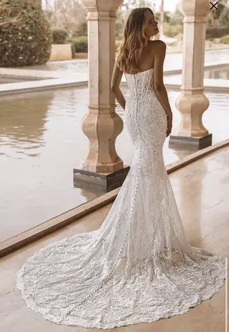 White lace strapless mermaid wedding gown with long train - Enzoani, Vail, Delicate Mermaid Gown