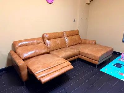 Genuine leather L-shaped reclining sofa - tan, 3-seater with chaise