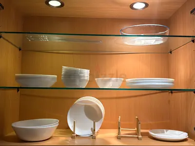 Set of white ceramic bowls and plates and glasses good condition