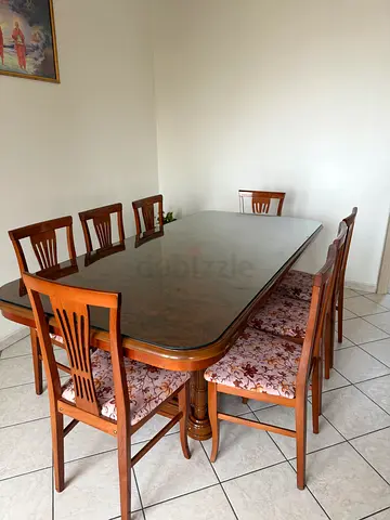 Solid Wood 6-Seater Dining Table with Glass Top and Chairs. Negotiable