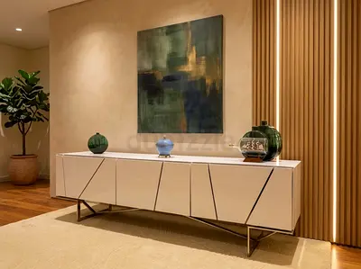 Ligne Roset Modern White Sideboard / TV Console with Geometric Front