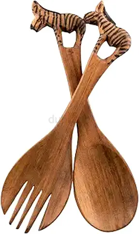 Handcrafted Ebony Wooden Salad Servers with Carved Animal Handles (Set of 2)