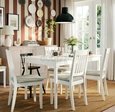 Ikea White Wooden 4-Seater Dining Table with Cushioned Chairs