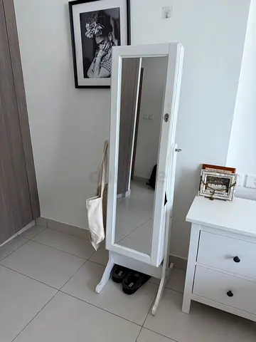 White Standing Full Length Mirror with Jewelry Cabinet