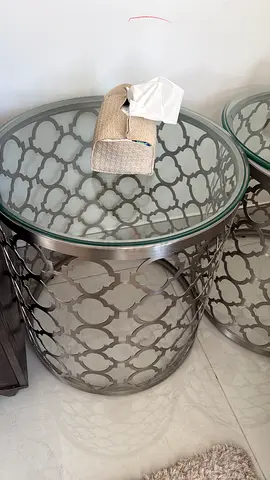 Round metal  glass side tables — modern lattice design